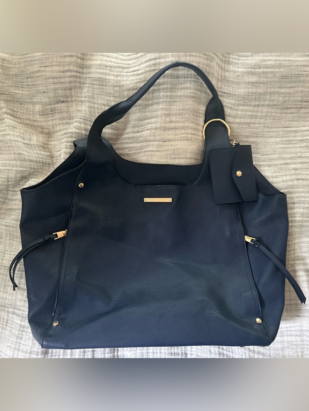 Poppy & Peonies Navy Shoulder Tote with Gold Hardware